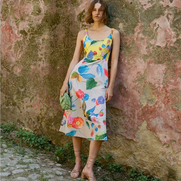 Tuckernuck Vivid Jardin Dominique Dress S Multi Yellow Floral Midi NWT - Picture 1 of 6